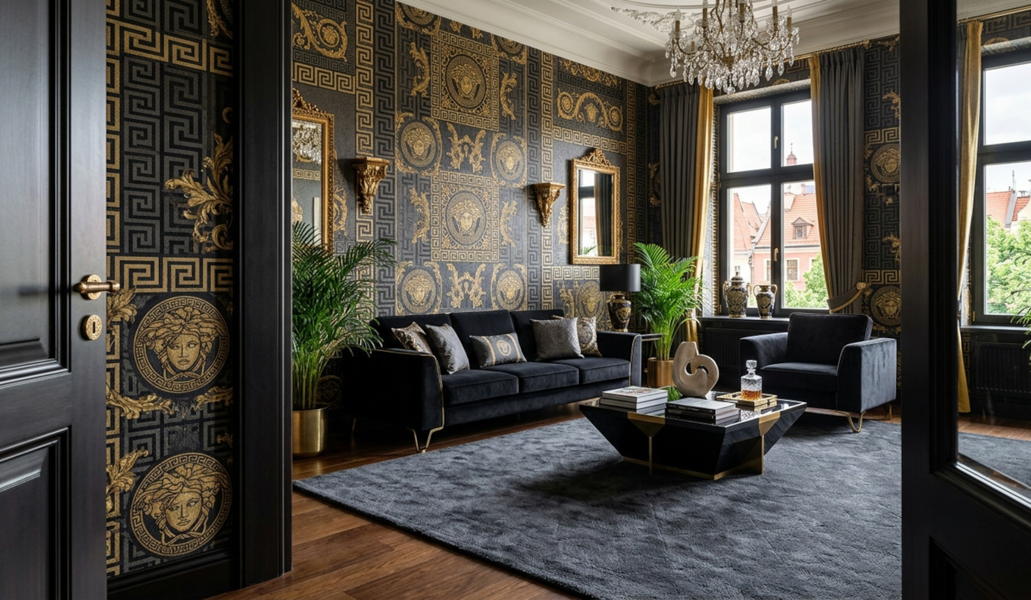 Wizualizacja eleganckiego wnętrza z luksusową, ciemną tapetą versace w klasyczny, złoty wzór vintage oraz jednolitym, grafitowym dywanem o subtelnej teksturze.